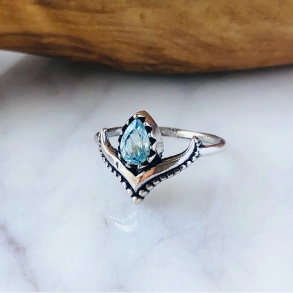 Silver Plated Teardrop Blue Topaz Bohemian Ring